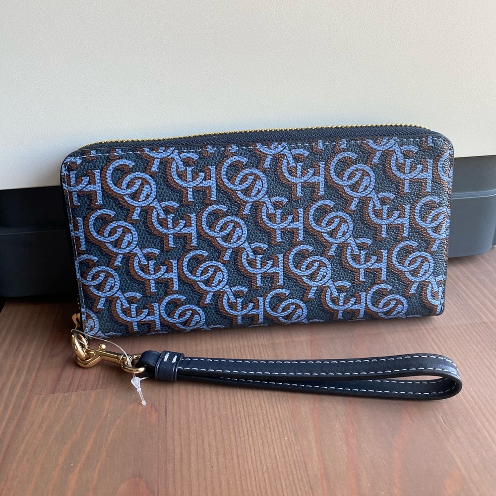 Coach Long Zip Around Wallet Navy Monogram Coated Canvas New